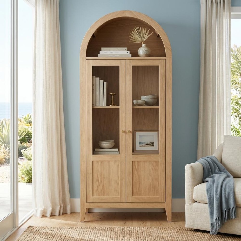 71" Natural Arched Accent Cabinet With Two Glass Panel Doors HomeRoots