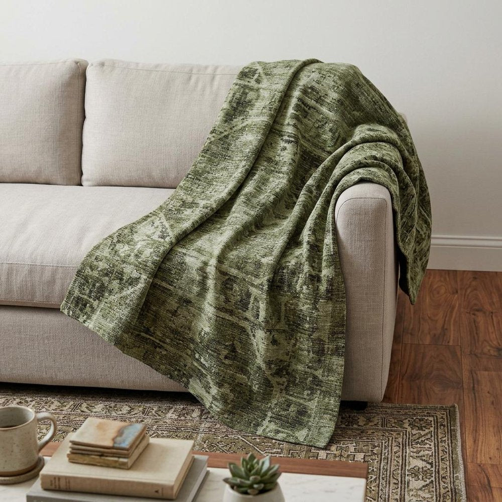 50" X 70" Olive Green And Beige Damask Polyester Woven Plush Throw Blanket HomeRoots