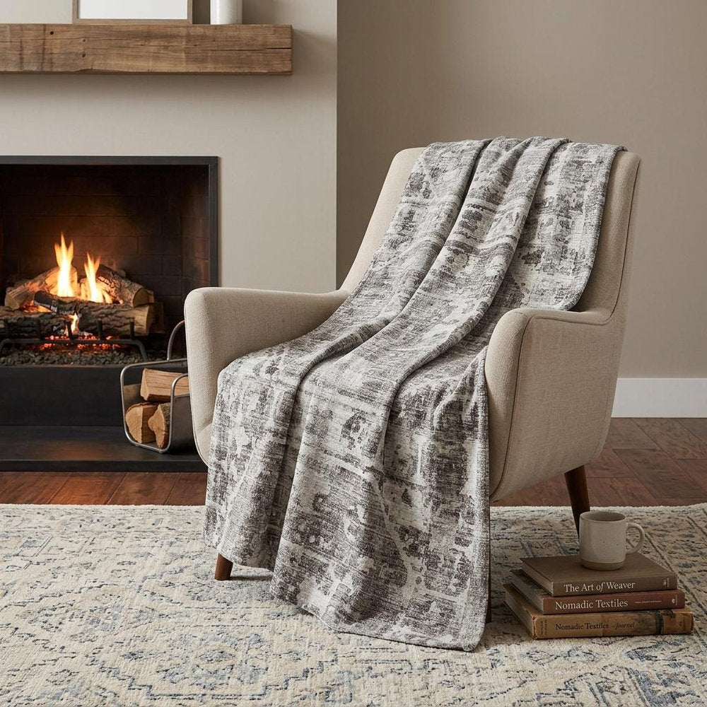 50" X 70" Gray And Charcoal Damask Polyester Woven Plush Throw Blanket HomeRoots