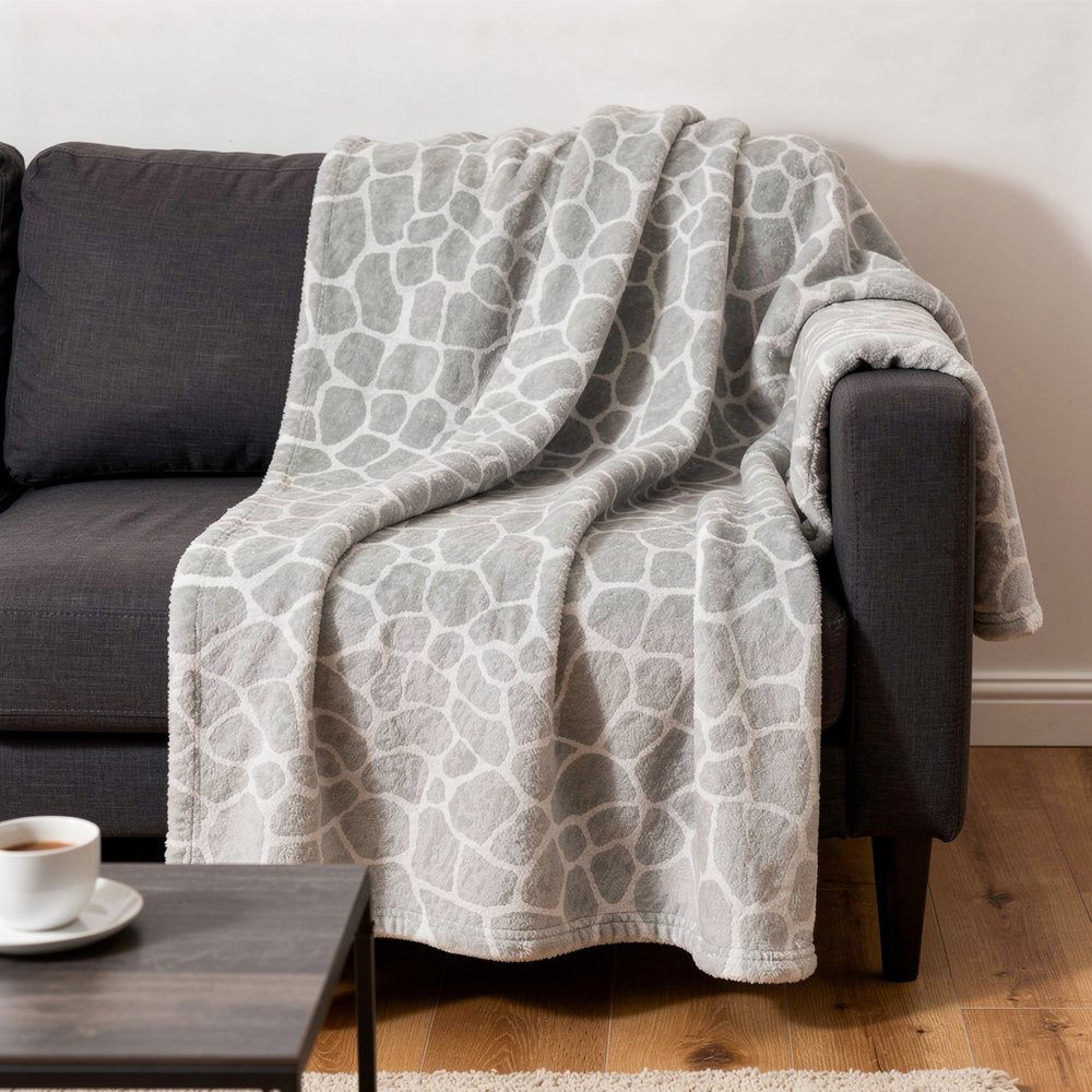 50" X 70" Gray And Ivory Giraffe Microfiber Plush Throw Blanket HomeRoots