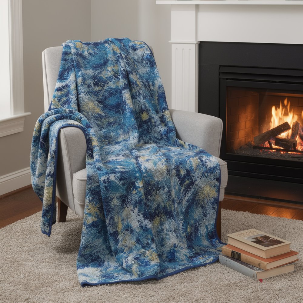 50" X 70" Blue Ivory And Gold Abstract Microfiber Plush Throw Blanket HomeRoots