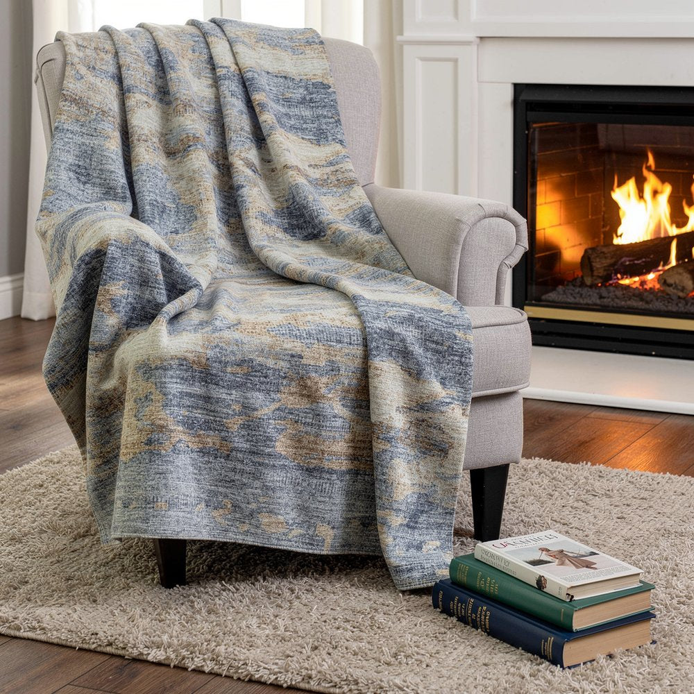 50" X 70" Blue Gold And Silver Abstract Microfiber Plush Throw Blanket HomeRoots