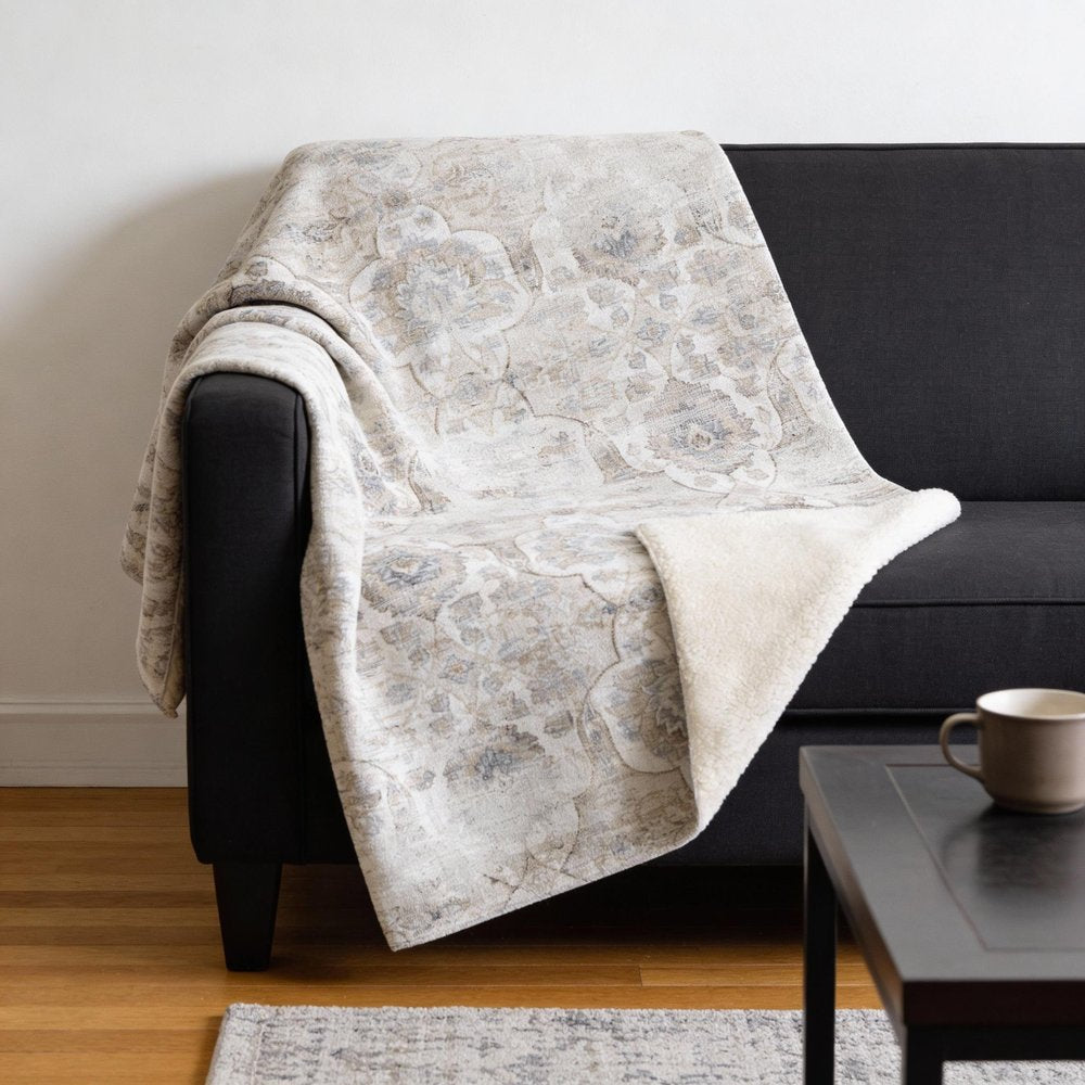 50" X 70" Linen Coffee And Ivory Damask Microfiber Plush Throw Blanket HomeRoots