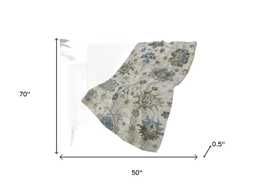 50" X 70" Blue Charcoal And Ivory Floral Polyester Woven Plush Throw Blanket HomeRoots