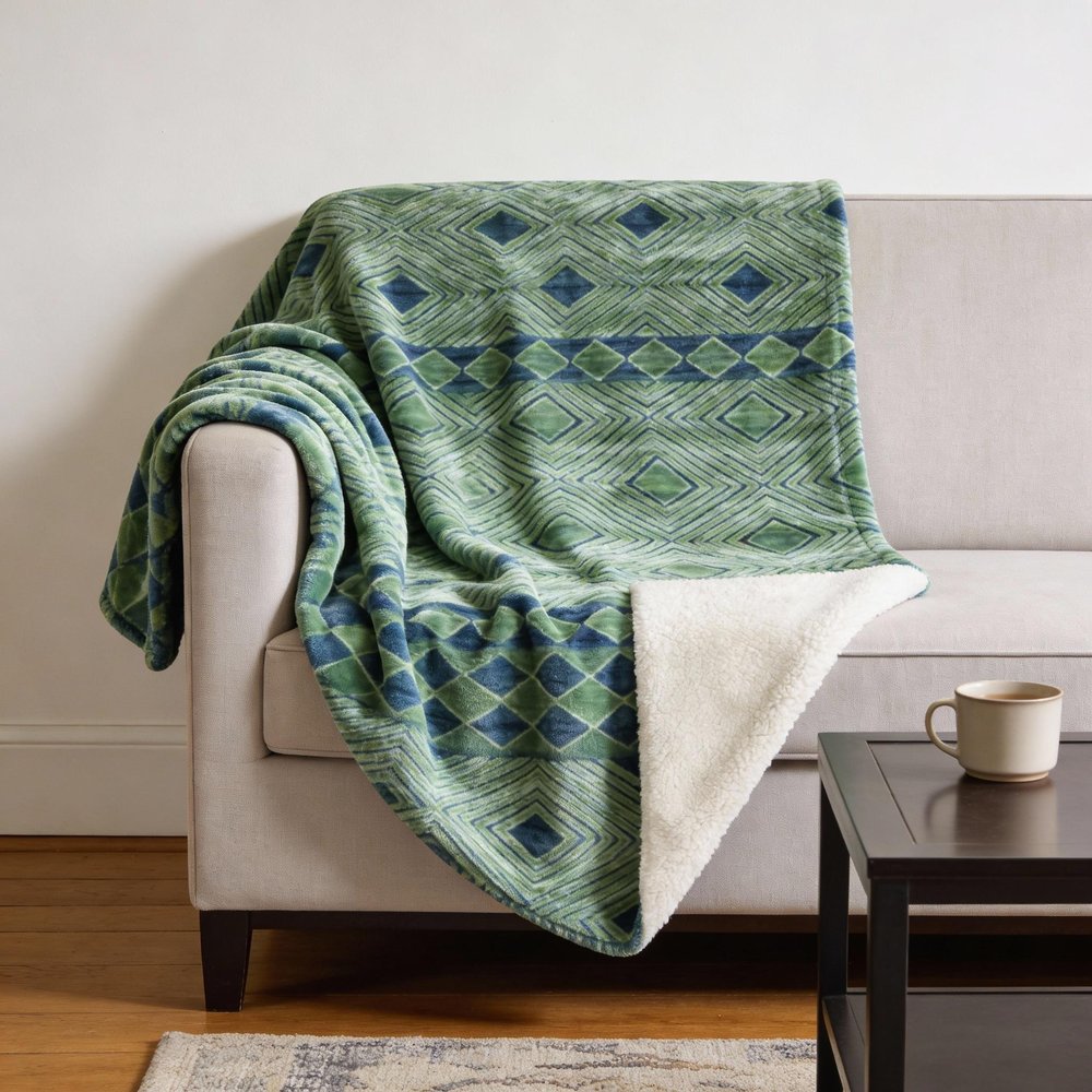 50" X 70" Green And Blue Microfiber Geometric Plush Throw Blanket HomeRoots