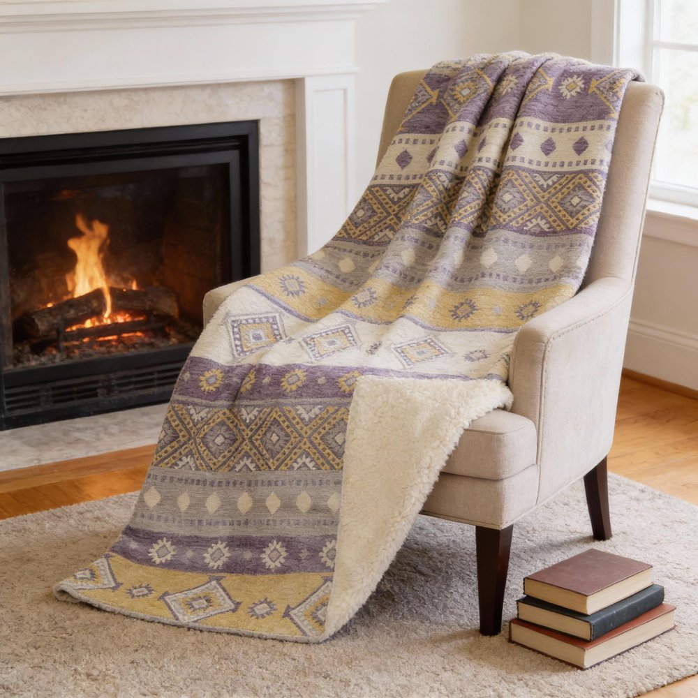50" X 70" Purple Gold And Beige Microfiber Geometric Plush Throw Blanket HomeRoots