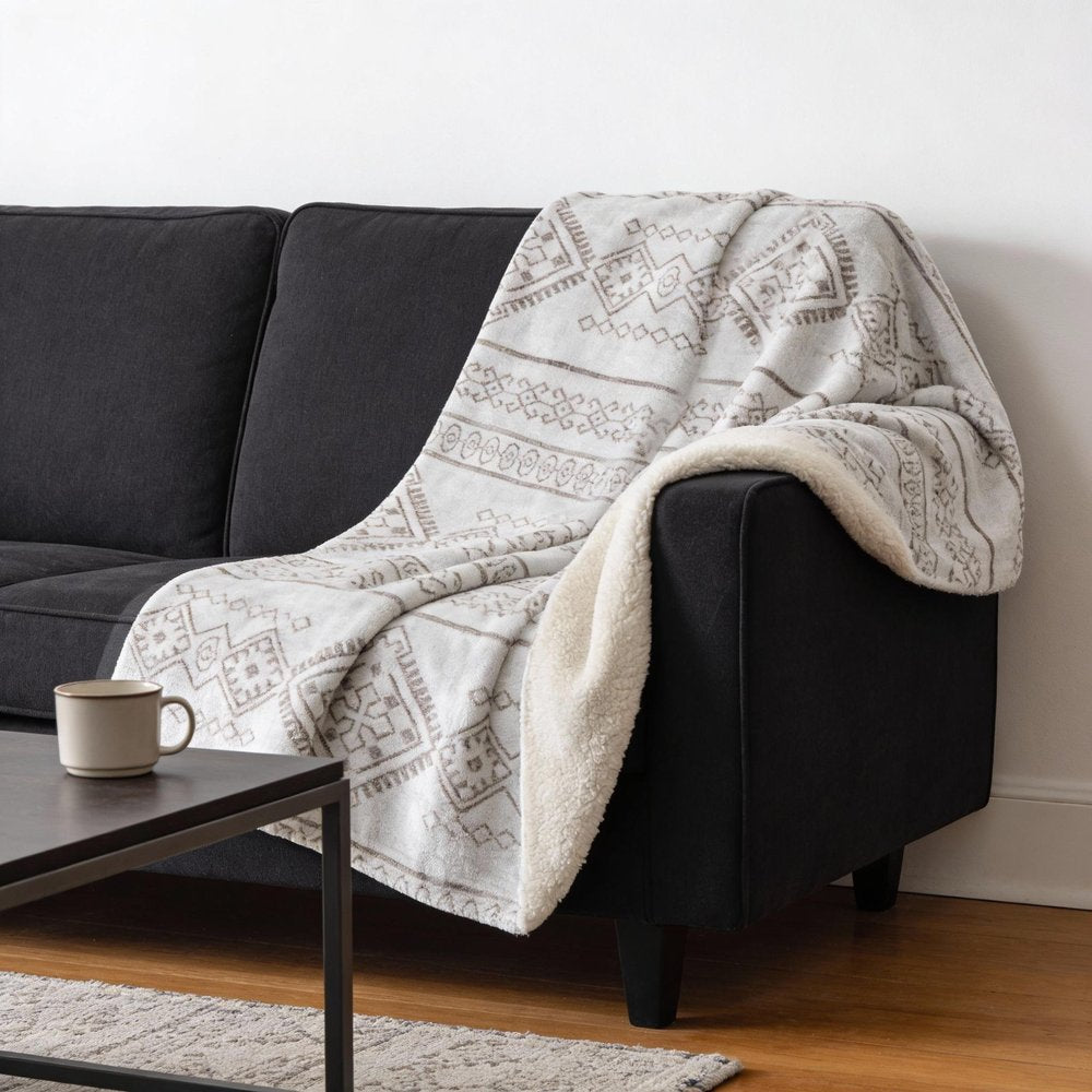 50" X 70" Taupe And Ivory Microfiber Geometric Plush Throw Blanket HomeRoots