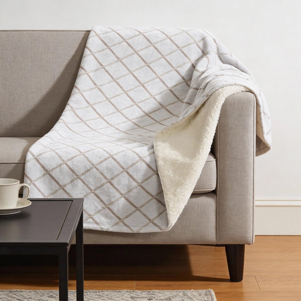 50" X 70" Ivory And Taupe Microfiber Geometric Plush Throw Blanket HomeRoots