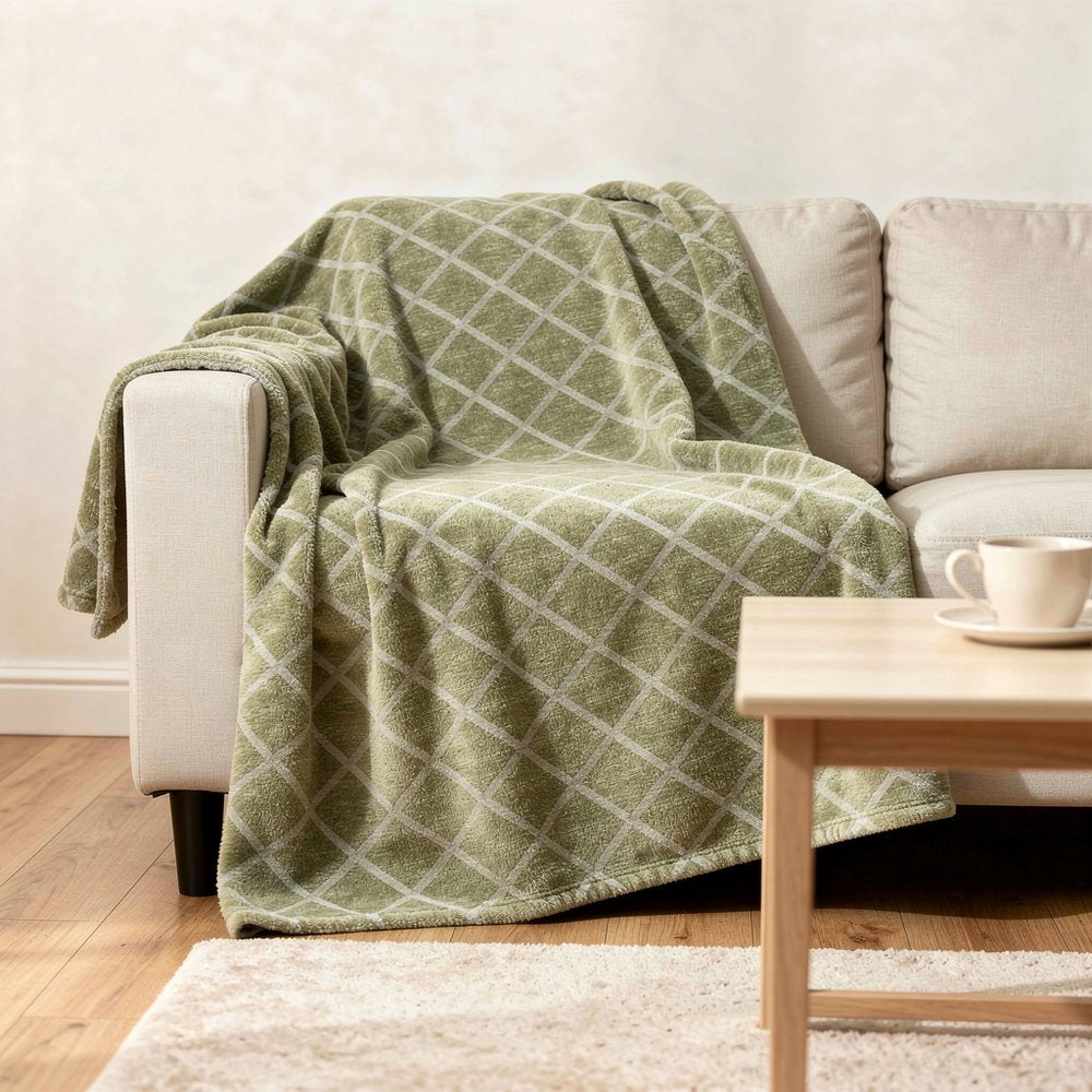 50" X 70" Artichoke Green And Beige Microfiber Geometric Plush Throw Blanket HomeRoots
