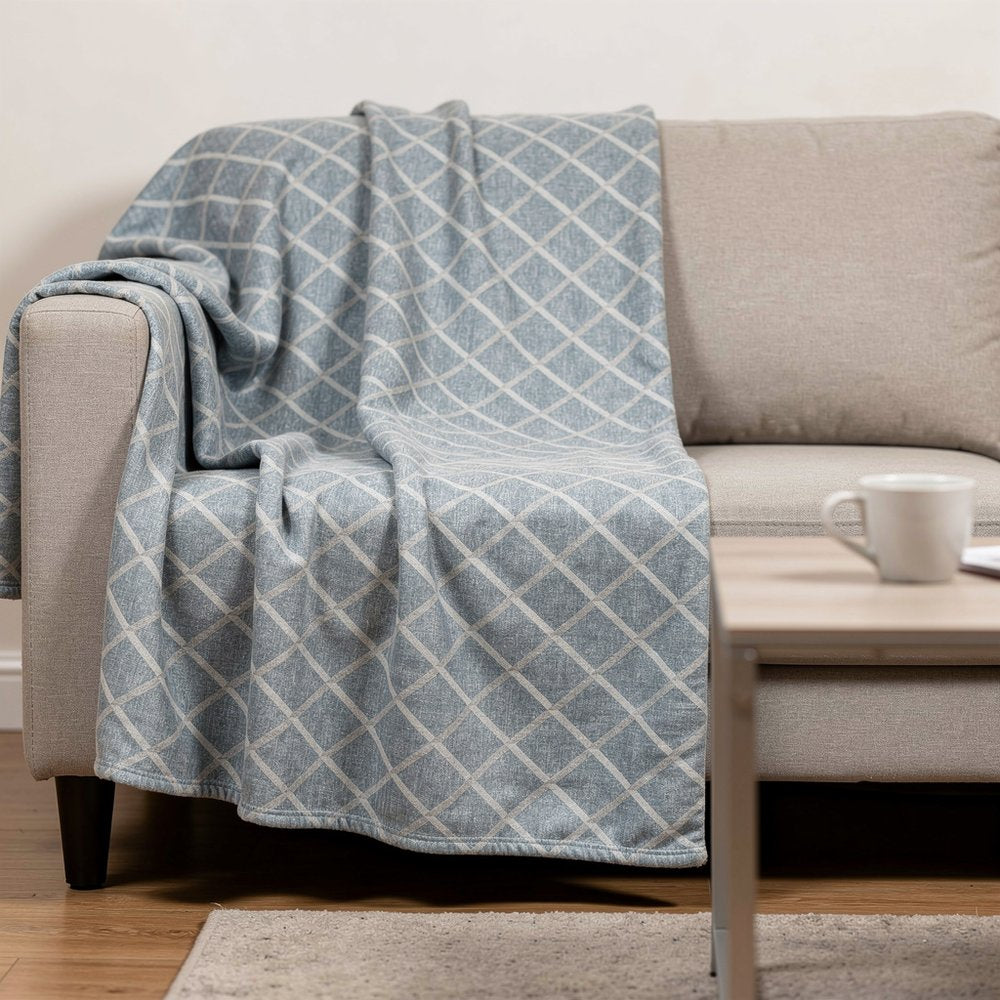 50" X 70" Sky Blue And Ivory Microfiber Geometric Plush Throw Blanket HomeRoots