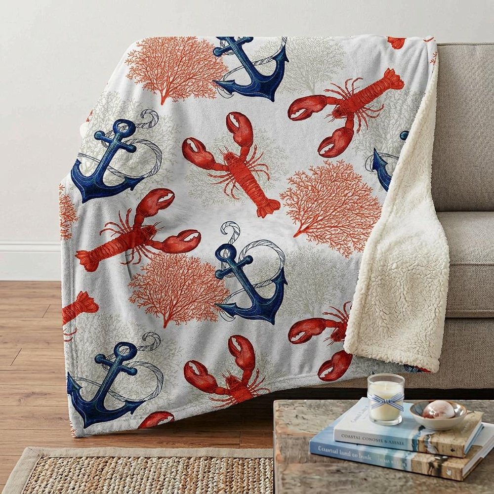 50" X 70" Ivory Red and Blue Microfiber Coastal Nautical Plush Throw Blanket HomeRoots