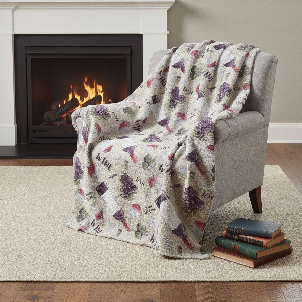 50" X 70" Ivory Purple And Green Wine Tasting Microfiber Plush Throw Blanket HomeRoots