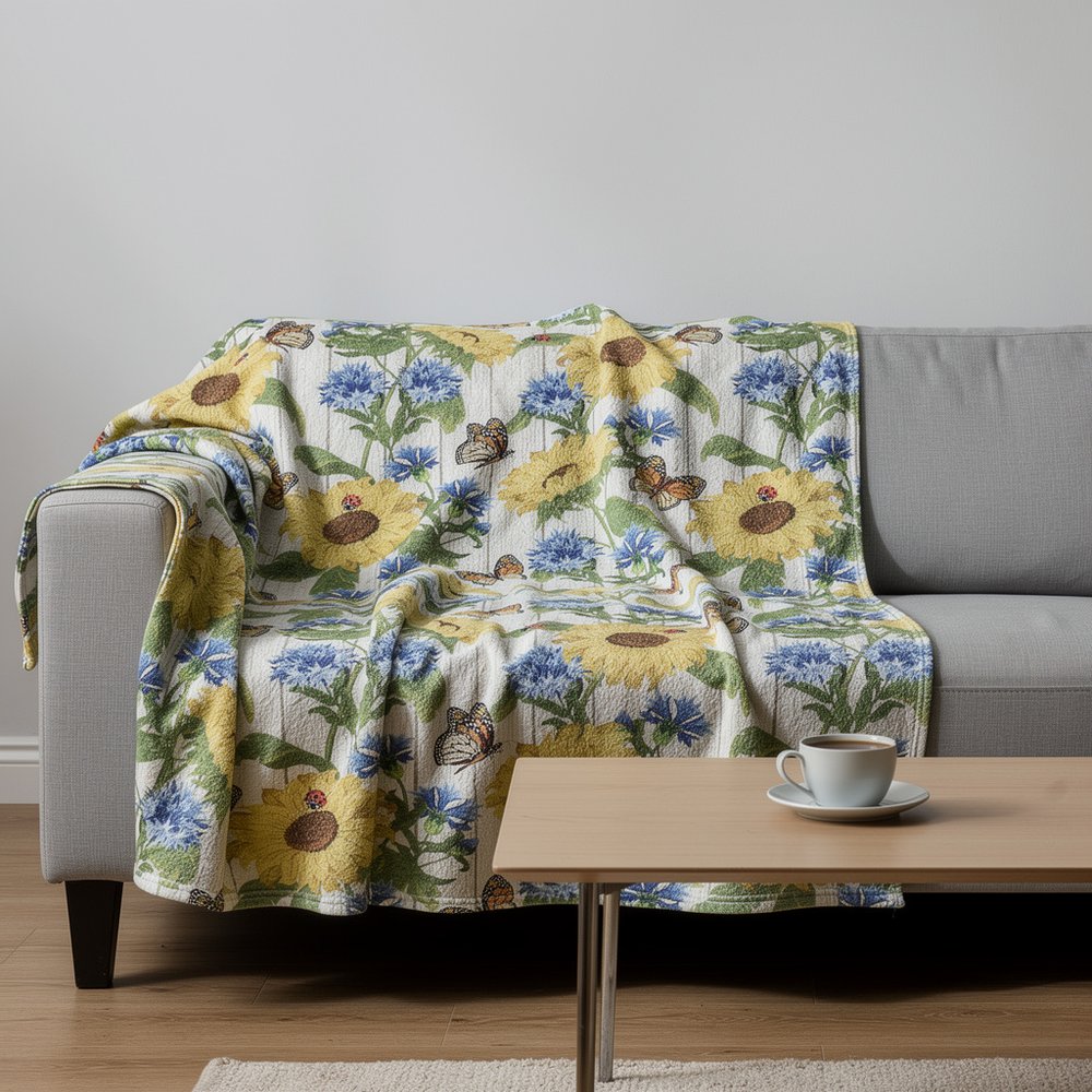 50" X 70" Ivory And Yellow Sunflower Floral Microfiber Plush Throw Blanket HomeRoots