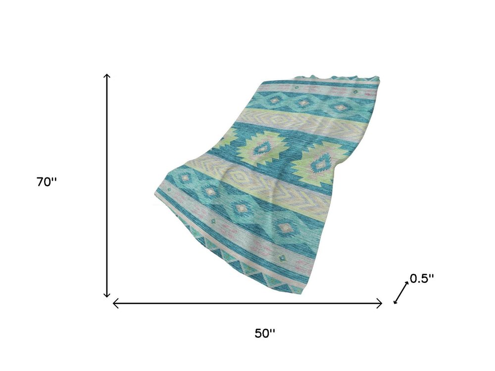 50" X 70" Teal Lime Green And Beige Geometric Polyester Woven Plush Throw Blanket HomeRoots
