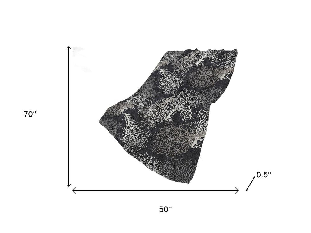 50" X 70" Midnight Ivory And Gray Floral Plush Throw Blanket HomeRoots