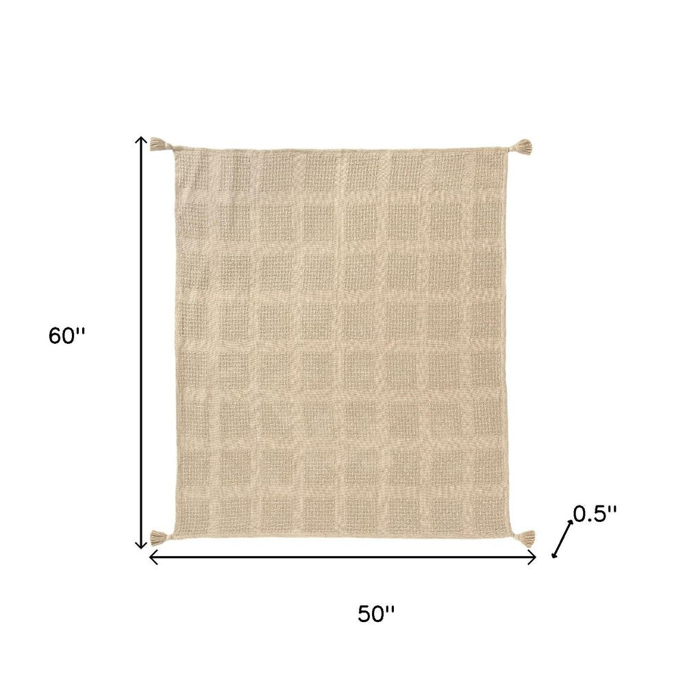 50" X 60" Tan And Beige Patchwork Cotton Woven Throw Blanket HomeRoots