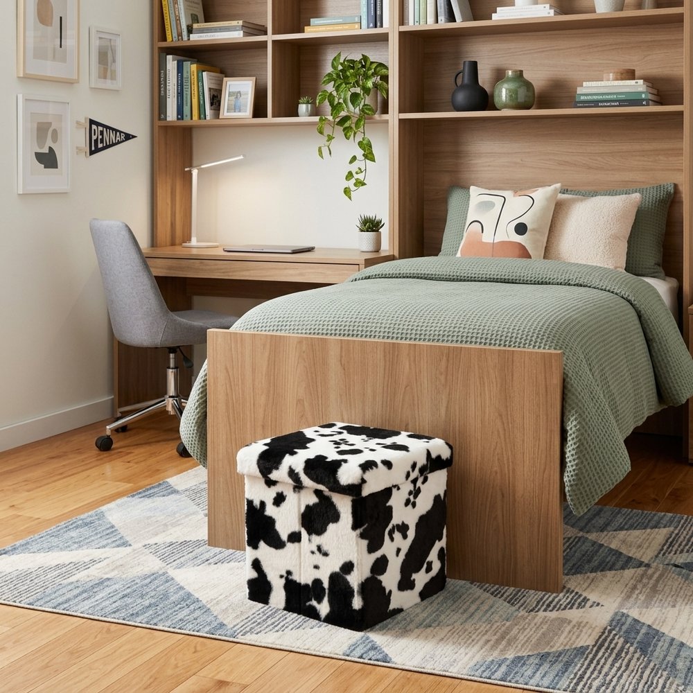 12" Black and White Faux Fur Cow Print Storage Ottoman HomeRoots