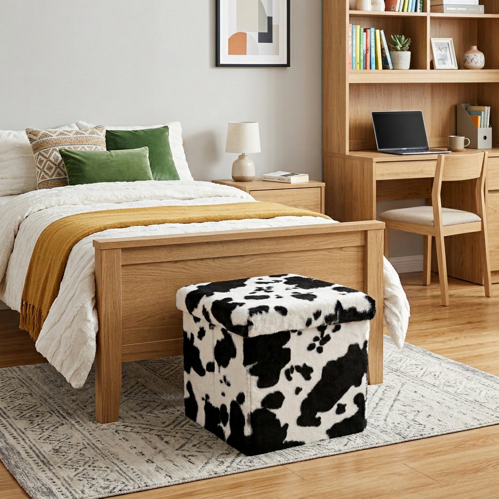 15" Black and White Faux Fur Cow Print Storage Ottoman HomeRoots