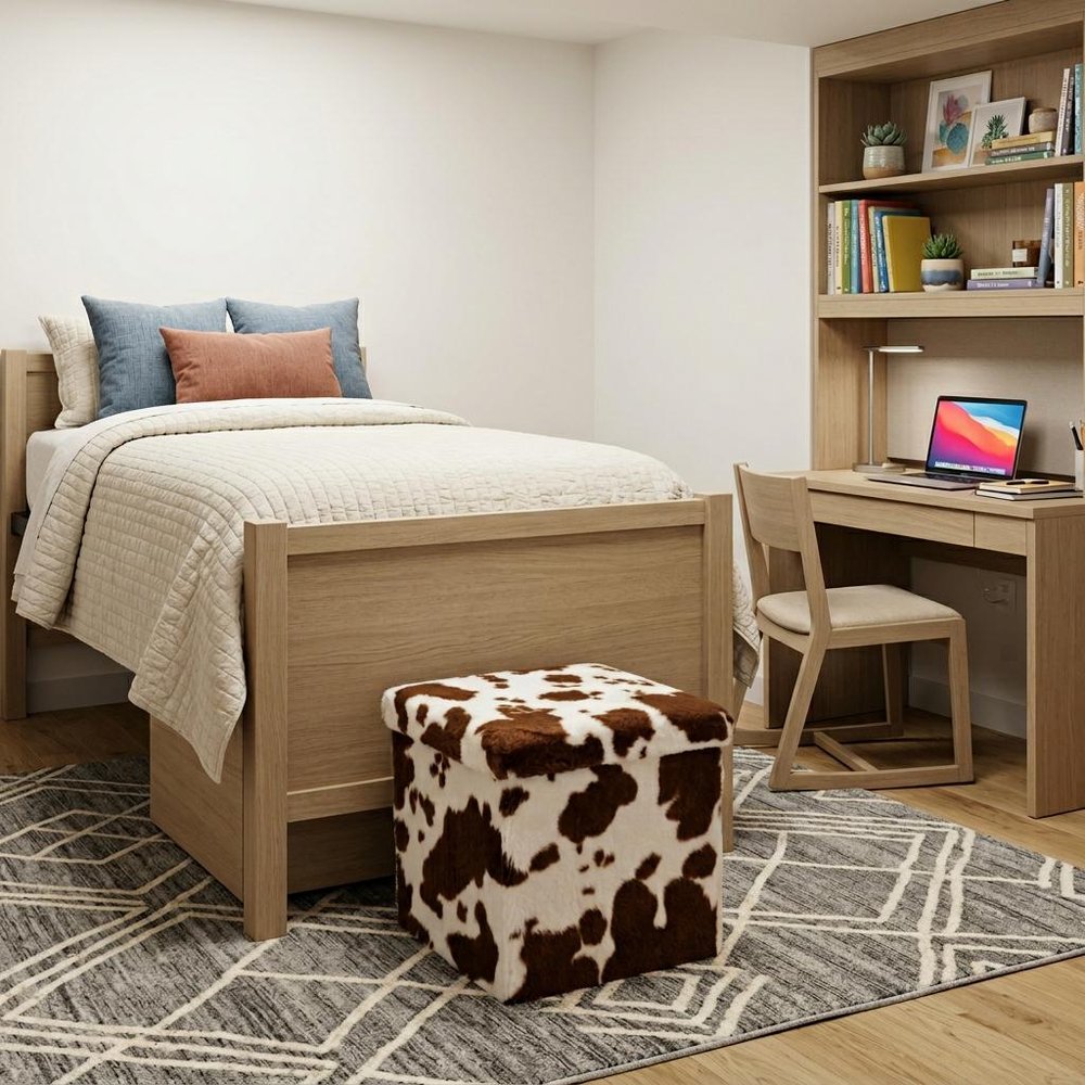15" White and Brown Faux Fur Cow Print Storage Ottoman HomeRoots