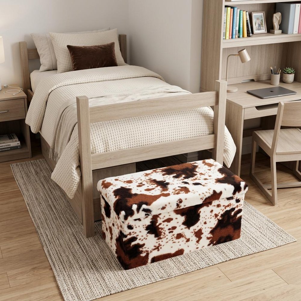 30" White and Brown Faux Fur Cow Print Storage Ottoman HomeRoots