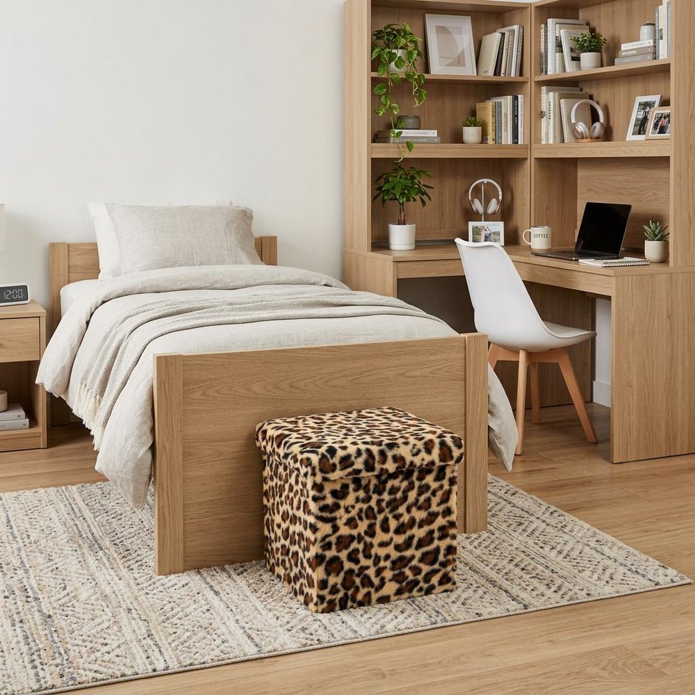 12" Black and Tan Faux Fur Leopard Storage Ottoman HomeRoots