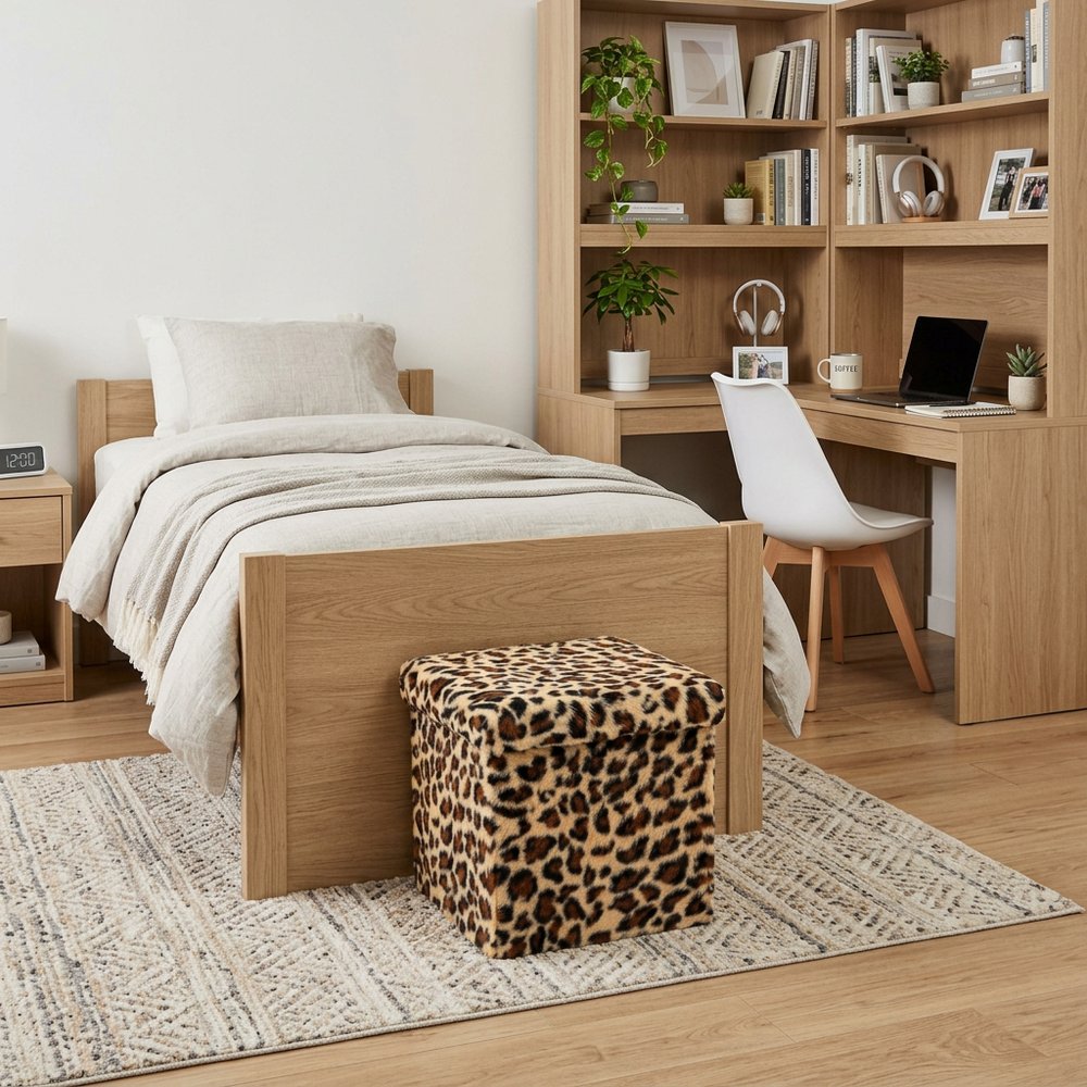 12" Black and Tan Faux Fur Leopard Storage Ottoman HomeRoots