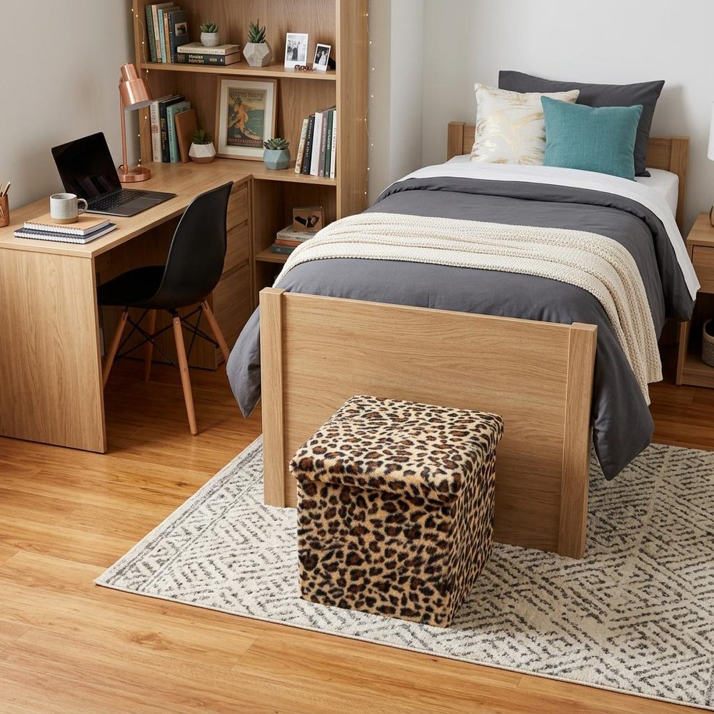 15" Tan and Black Faux Fur Leopard Storage Ottoman HomeRoots