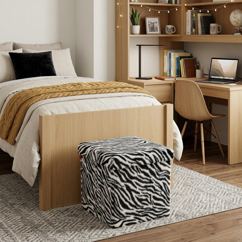 15" Black and White Faux Fur Zebra Storage Ottoman HomeRoots