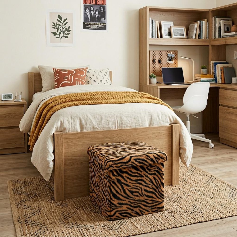 15" Tan and Black Faux Fur Tiger Storage Ottoman HomeRoots