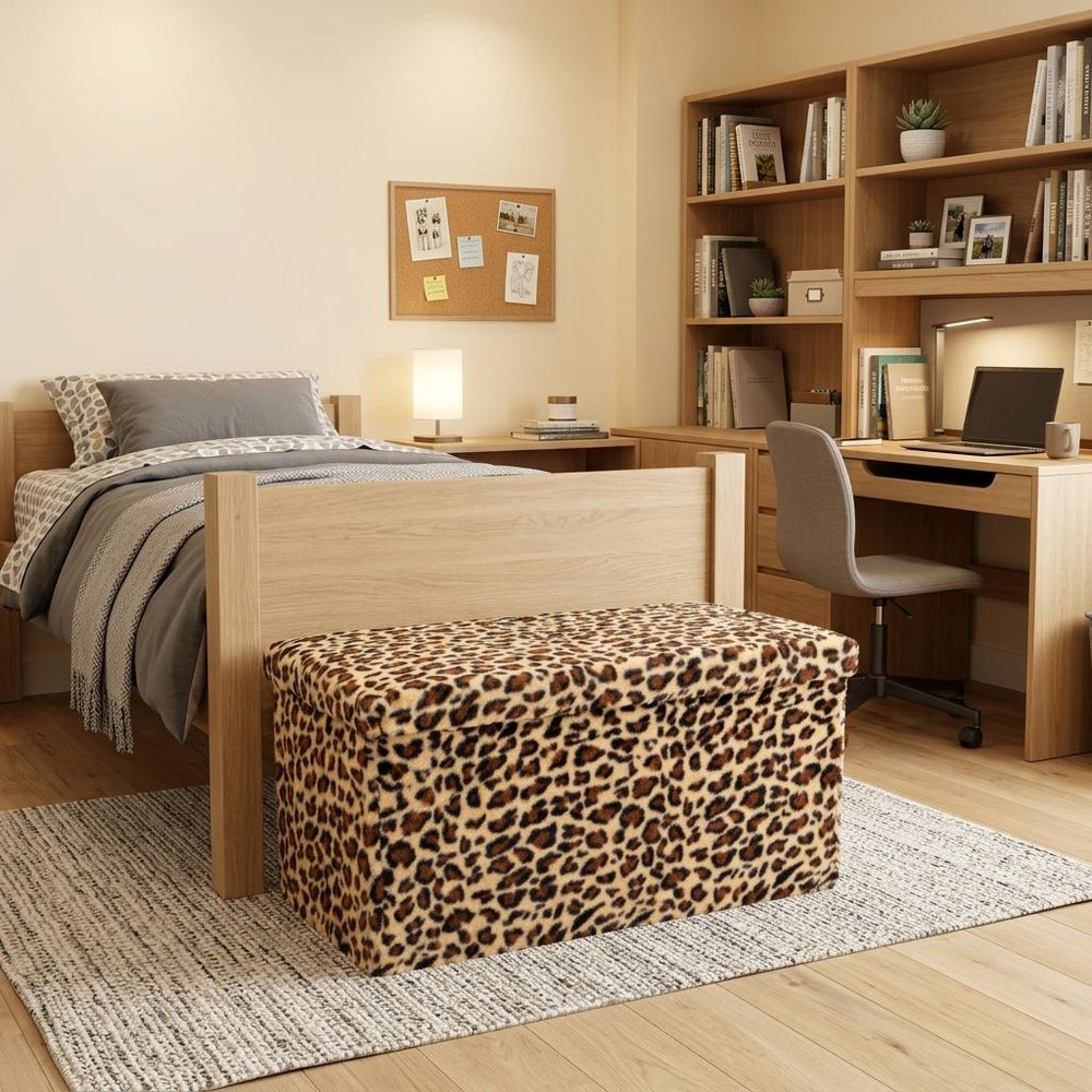 30" Tan and Black Faux Fur Leopard Storage Ottoman HomeRoots