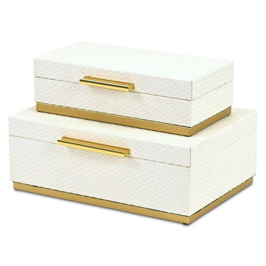 Set of Two White And Gold Nesting Decorative Storage Boxes With Lids HomeRoots