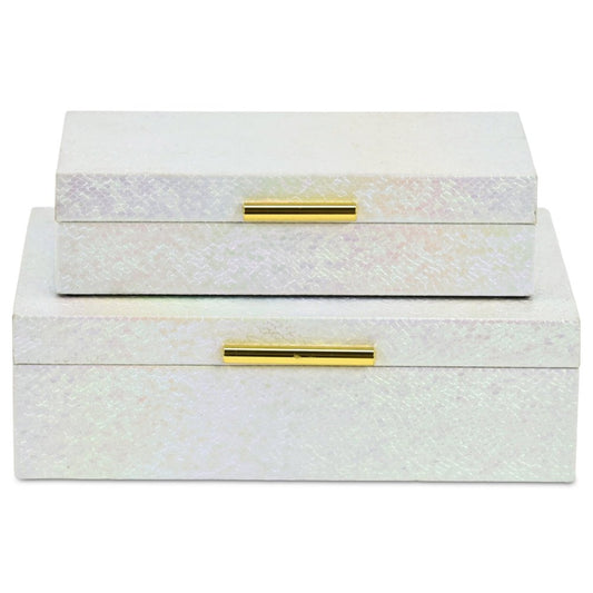 Set of Two White And Gold Faux Shagreen Nesting Storage Boxes With Lids HomeRoots