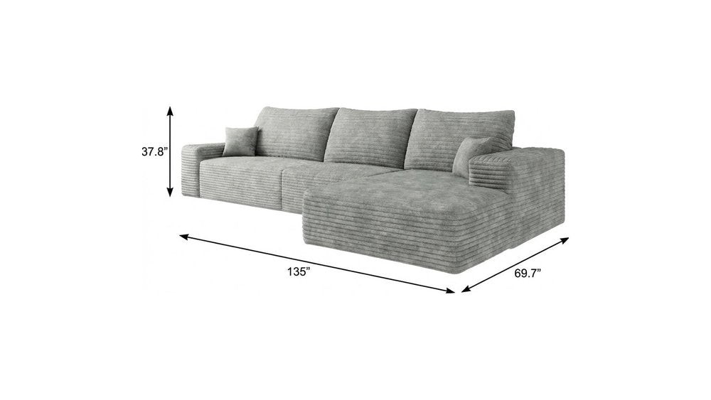 135" Gray Corduroy Modular Compression Foam Sofa With Toss Pillows HomeRoots