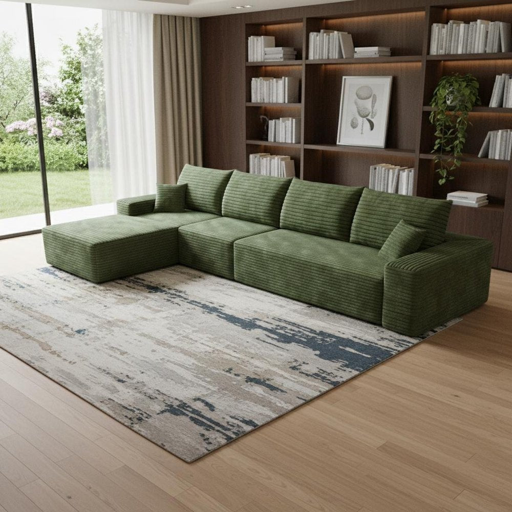 135" Green Corduroy Modular Compression Foam Sofa With Toss Pillows HomeRoots