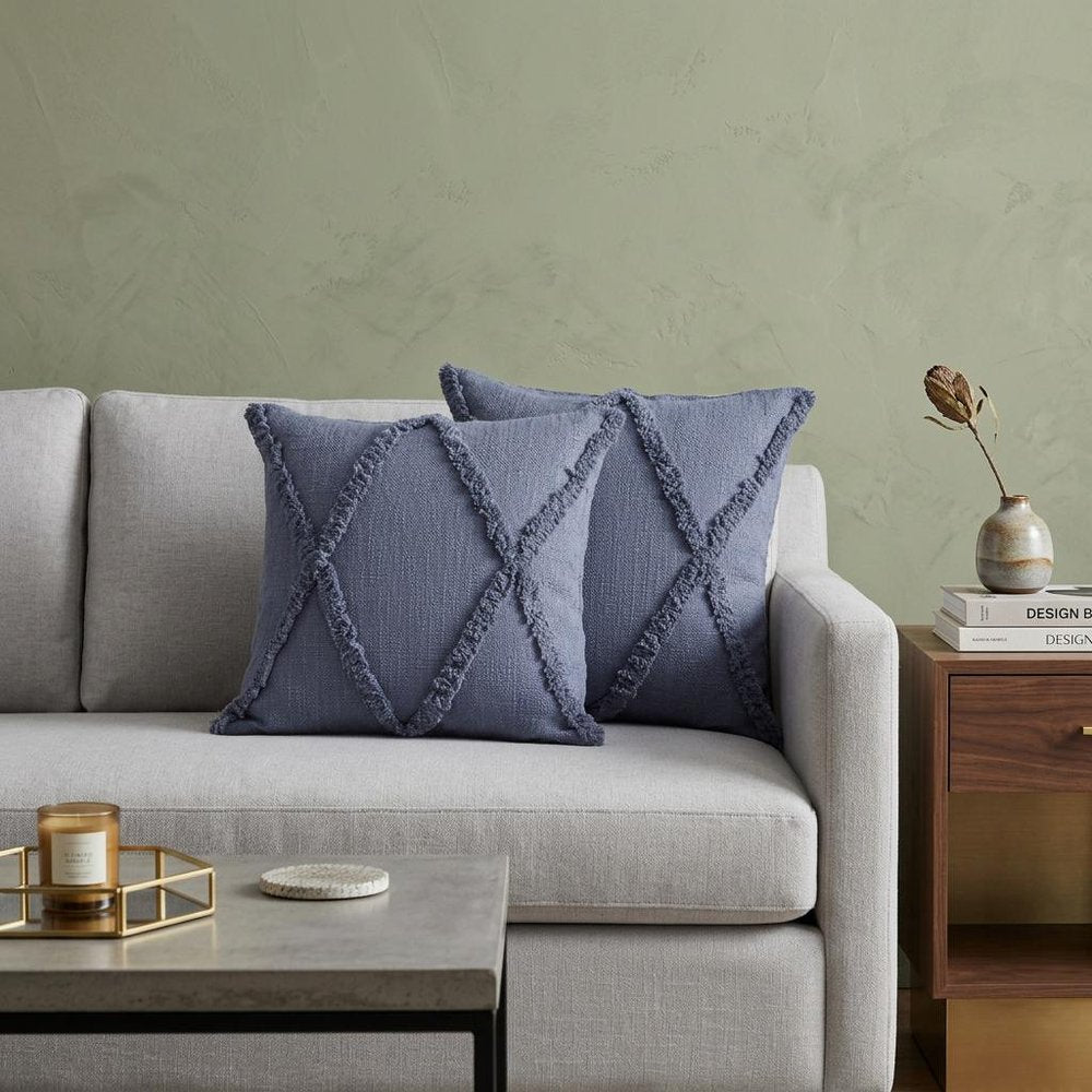 Set of Two 18" Denim Blue And Blue Diamond Cotton Throw Pillow Covers with Tufts And Texture