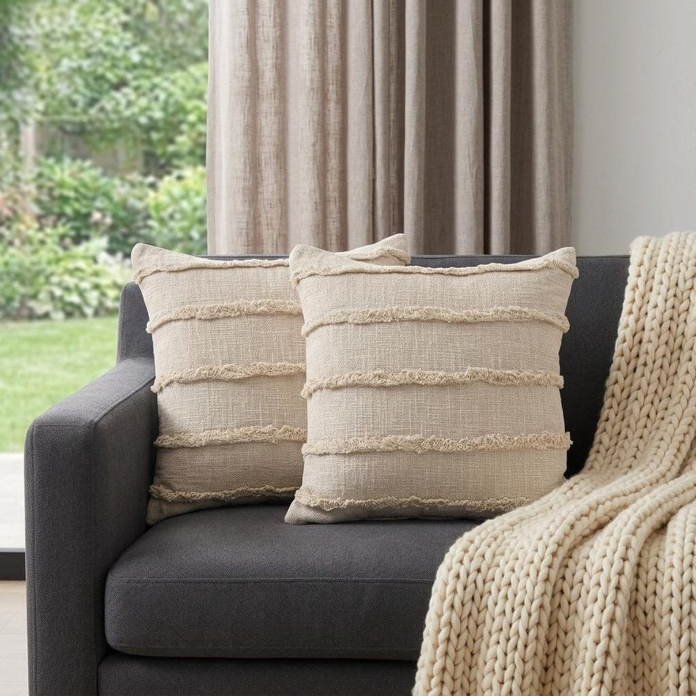 Set of Two 20" Beige Striped Cotton Throw Pillow Covers with Tufts