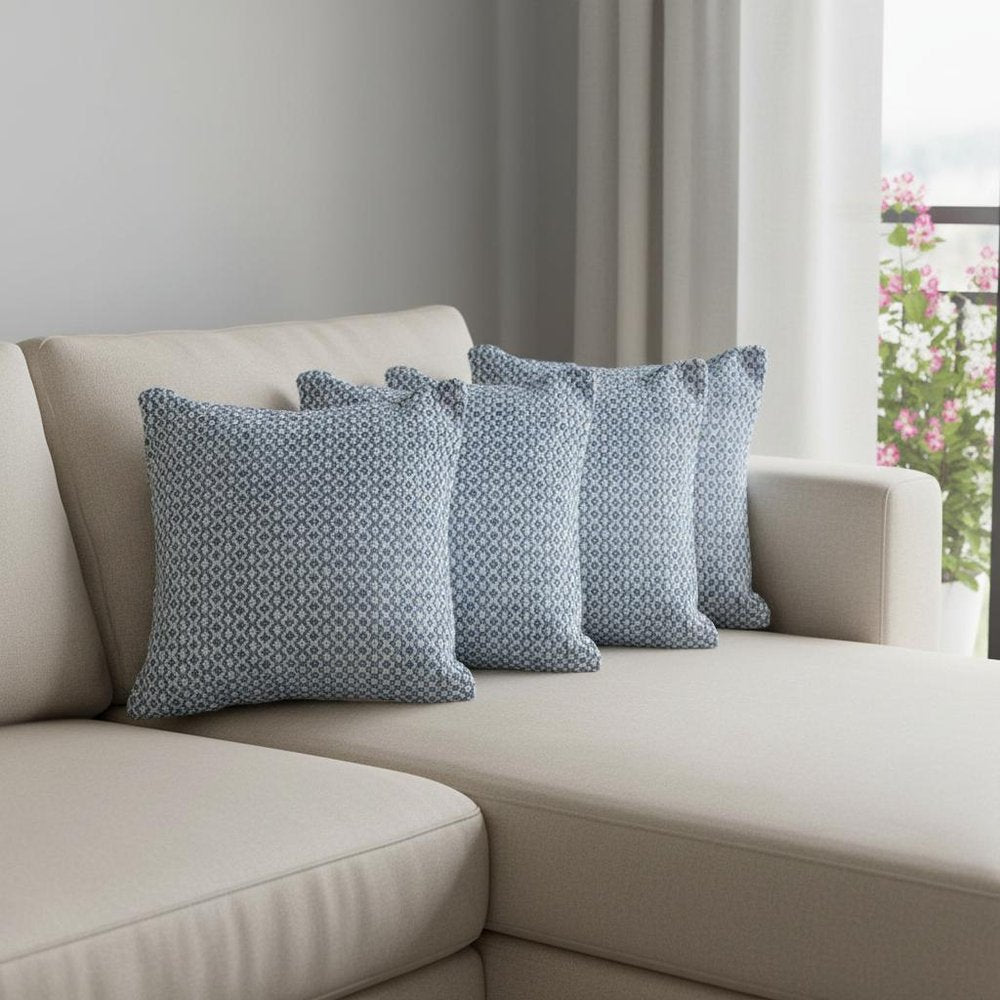 Set of Four 18" X 18" Blue And White Lumbar Geometric Cotton Throw Pillow Covers