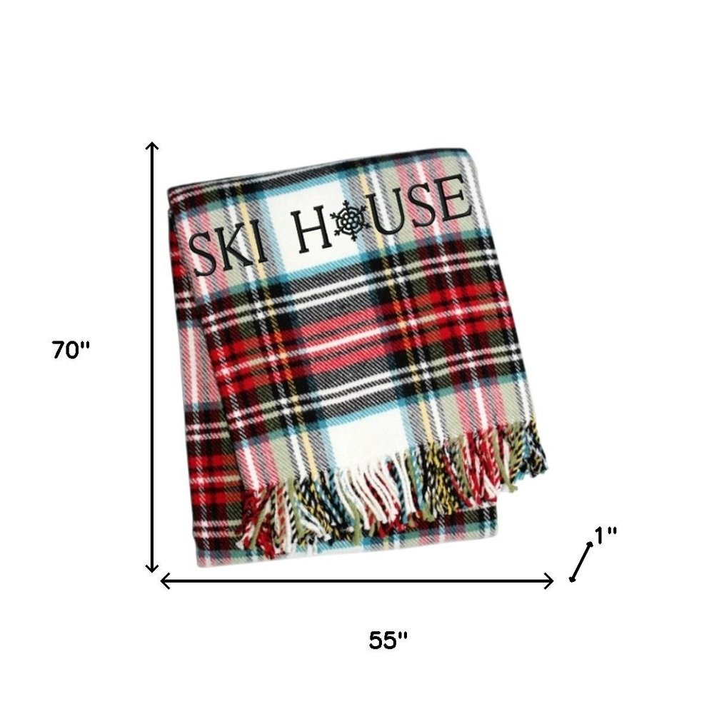 55" X 70" Black Red And White Plaid Cotton Blend Ski House Embroidered Throw Blanket with Fringe HomeRoots