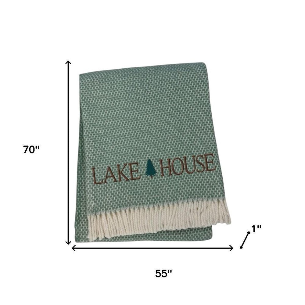 55" X 70" Sage And White Cotton Blend Lake House Embroidered Throw Blanket with Fringe HomeRoots