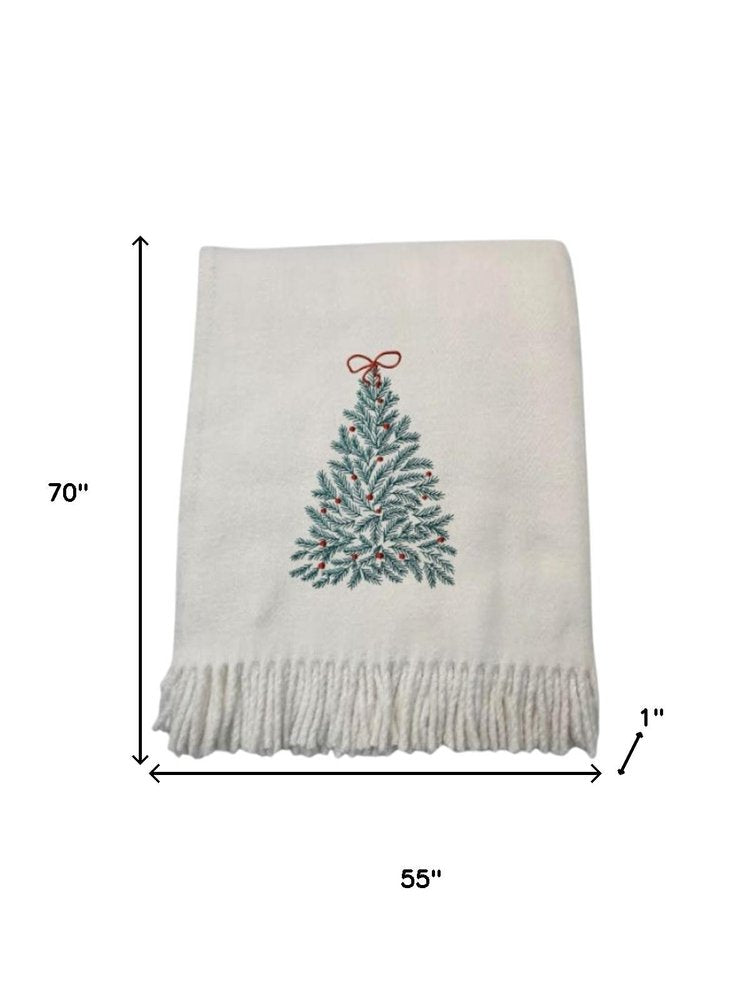 55" X 70" Cream Cotton Blend Woven Christmas Tree Embroidered Throw Blanket with Fringe HomeRoots