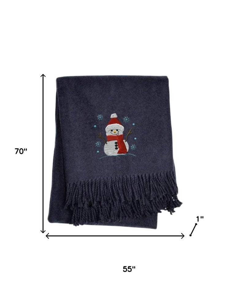 55" X 70" Navy BlueCotton Blend Woven Snowman Embroidered Throw Blanket with Fringe HomeRoots