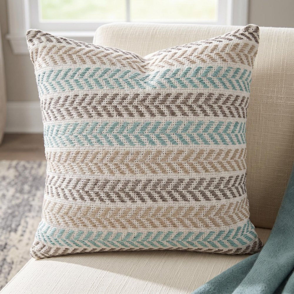 18" Gray And Blue Beach Chevron Cotton Throw Pillow Cover