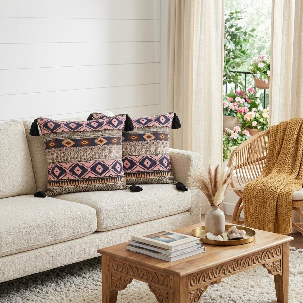 Set of Two 20" Black Yellow And Blush Geometric Cotton Blend Throw Pillows