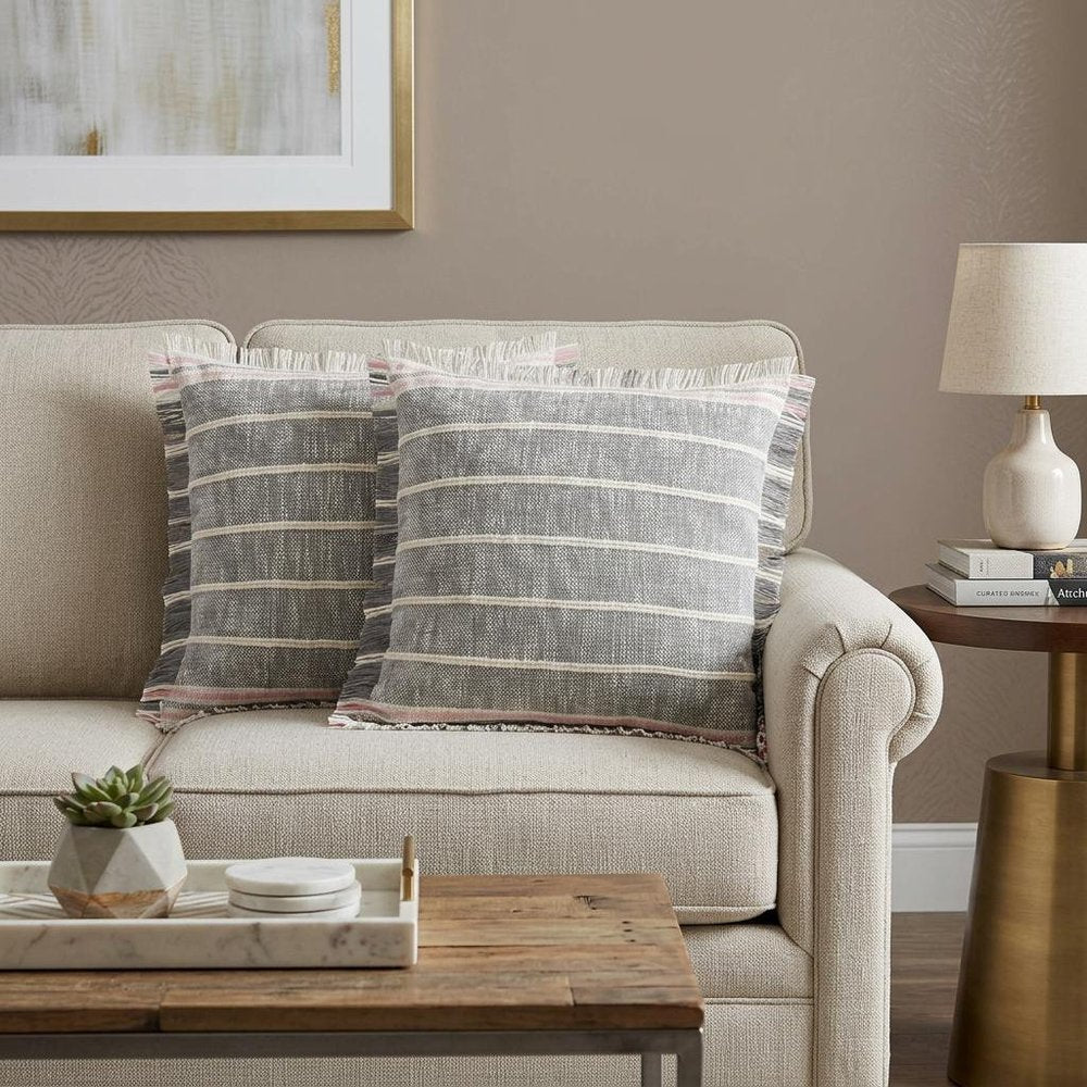 Set of Two 20" Gray And Pink Striped Cotton Throw Pillows with Fringe