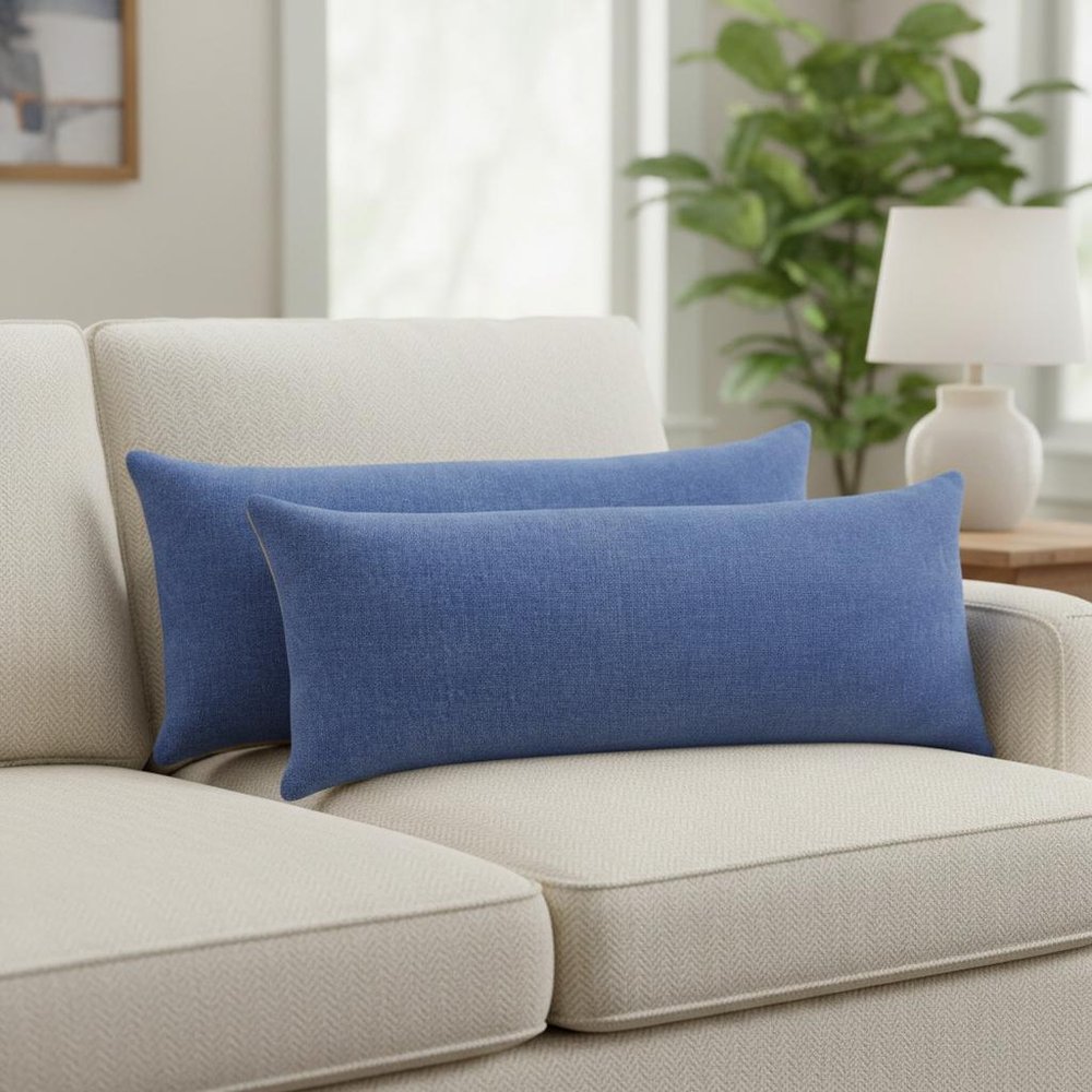 Set of Two 14" X 36" Blue Lumbar Cotton Throw Pillows