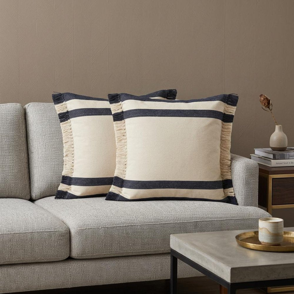 Set of Two 20" Blue And White Striped Cotton Throw Pillows with Fringe