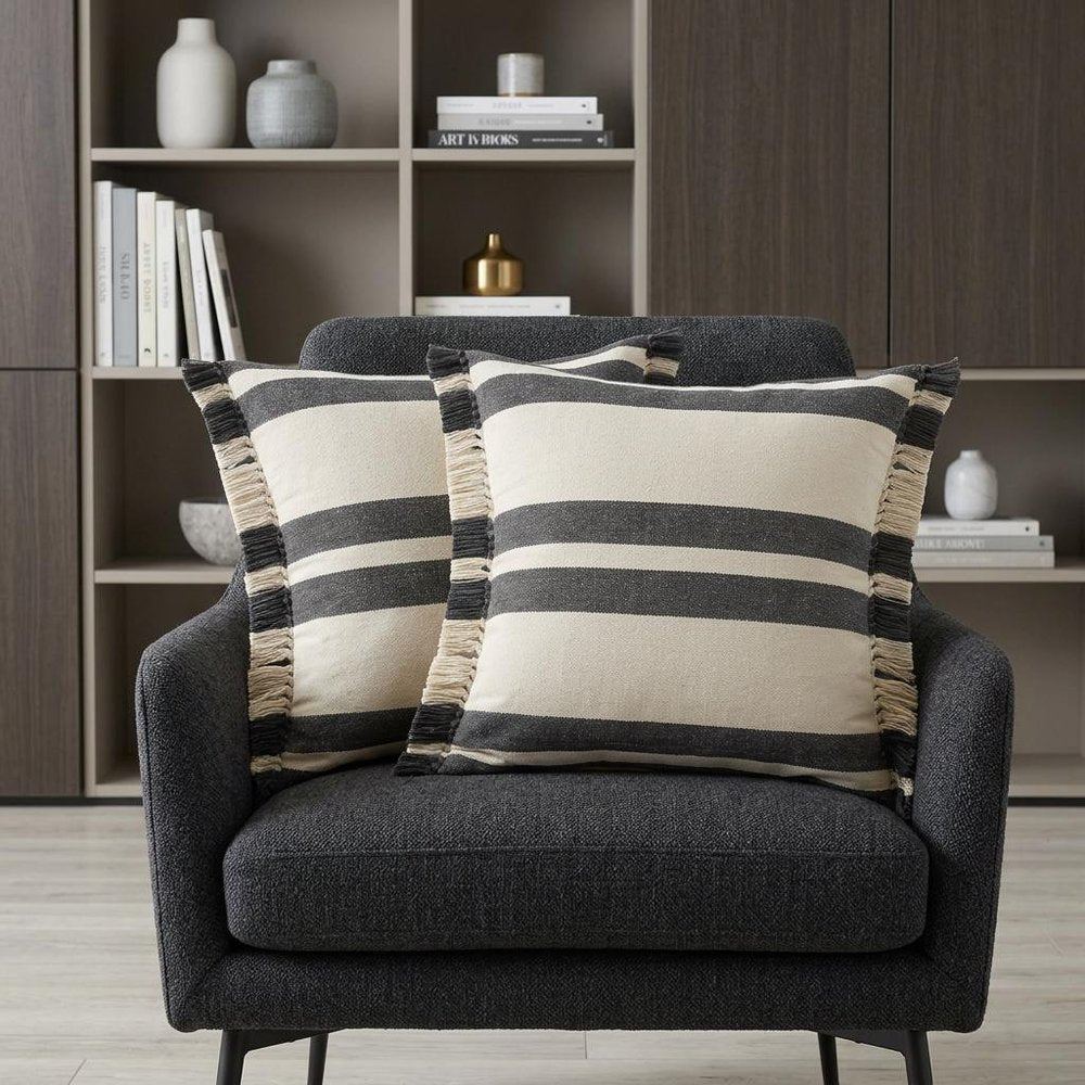 Set of Two 20" Off White And Gray Striped Cotton Throw Pillows with Frosted And Fringe