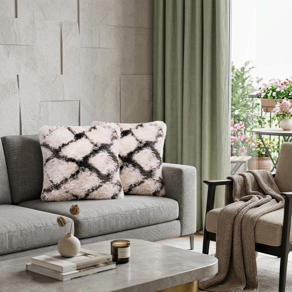 Set of Two 20" White And Black Diamond Throw Pillows