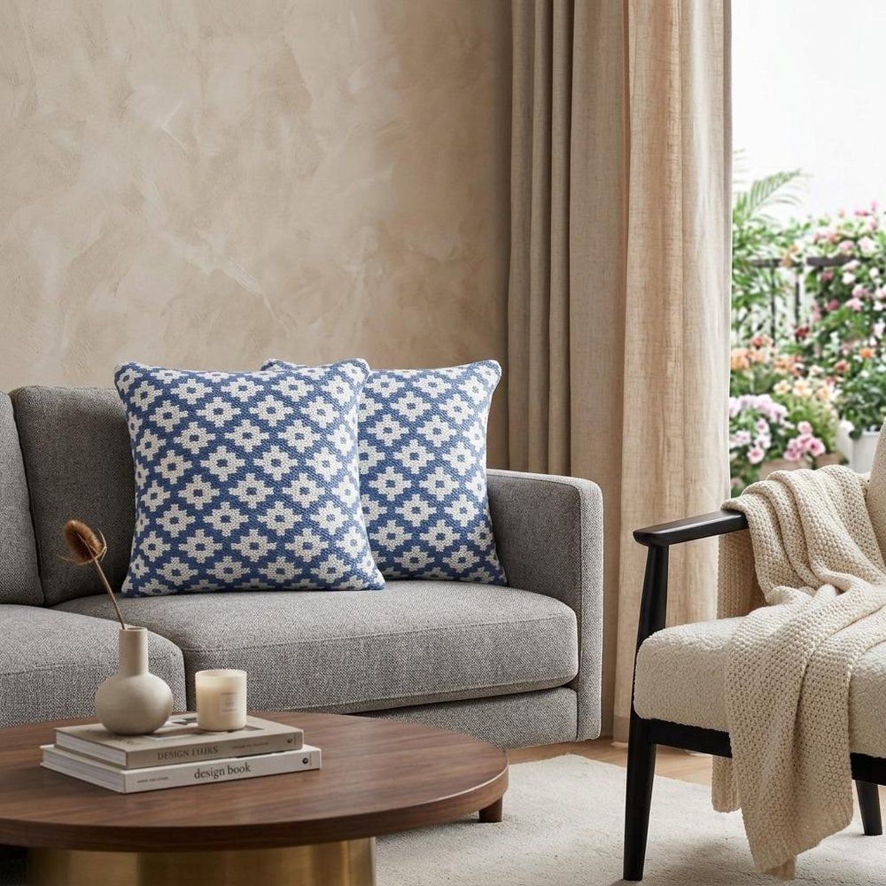 Set of Two 20" Blue And White Geometric Cotton Blend Throw Pillows