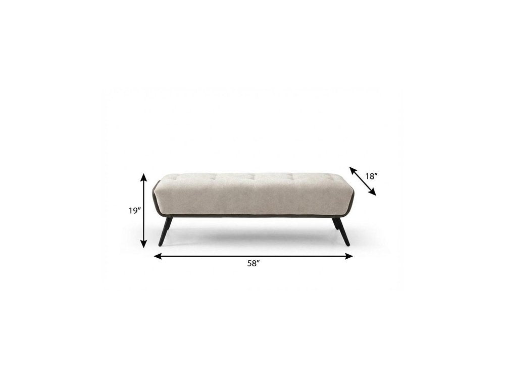 58" Beige Dark Gray and Black Tufted Faux Leather Fabric and Steel Upholstered Bench HomeRoots